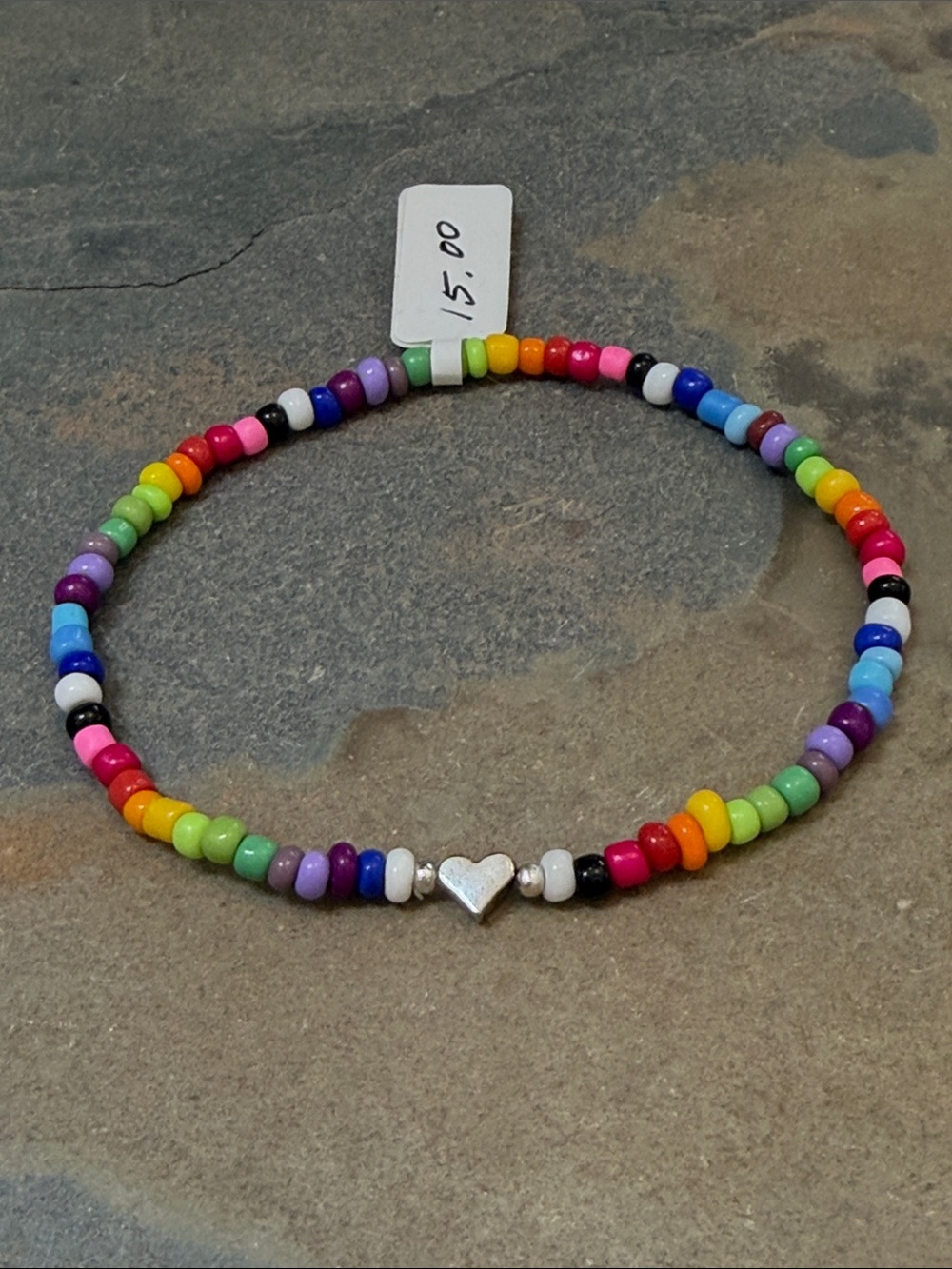 NWT Candy Did It! Handmade Bright Color Beaded Tiny Silver Heart Stretch Anklet